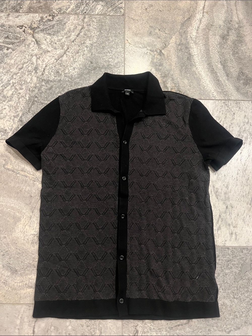 Express Black Short-Sleeve Knit Polo with Textured Front